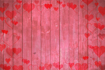 Red wooden table, Valentine's day background, texture with in love hearts.