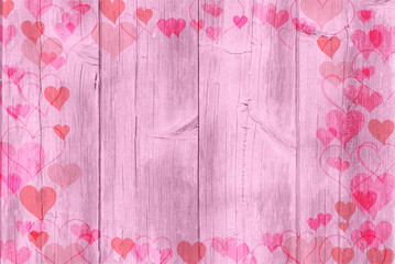 Pink wooden table, Valentine's day background, texture with in love hearts.