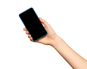 Female hand holding a cell phone,  isolated on white