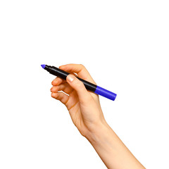 Female hand writing with blue marker,  isolated on white