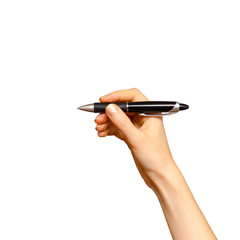 Female hand drawing with a ballpoint pen, isolated on white