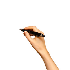 Female hand drawing with a ballpoint pen, isolated on white