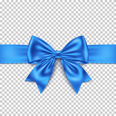 Realistic blue gift bow and ribbon isolated on transparent background. 