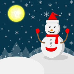 Vector of white snowman wearing a red hat and red scarf standing in the yellow moonlight and snowflake on the snow mountains in winter use as background for Christmas or New Year's Day.