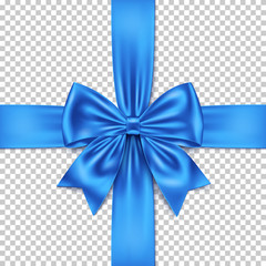 Realistic blue gift bow and ribbon isolated on transparent background. 