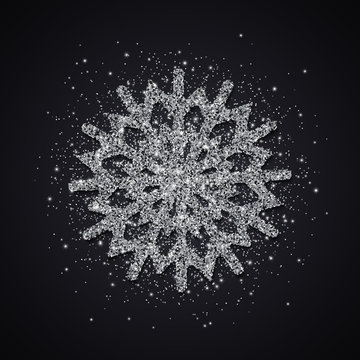 Silver Glitter Snowflake. Christmas, New Year Greeting Card. Vector Illustration.