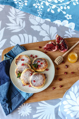 Breakfast in bed. Homemade curd fritters