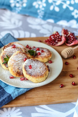 Breakfast in bed. Homemade curd fritters