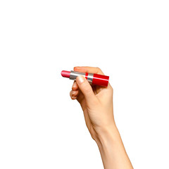 Female hand holding red lipstick, isolated on white