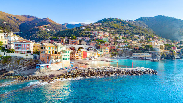 View of Bogliasco. Bogliasco is a ancient fishing village in Italy, Genoa, Liguria. Mediterranean Sea, sandy beach and architecture of Bogliasco town.