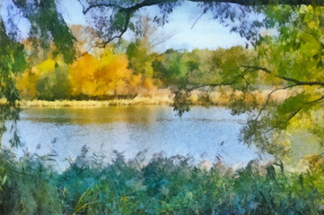 Morning on the river watercolor drawing