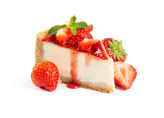 Piece of cheesecake with fresh strawberries and mint - obrazy, fototapety, plakaty