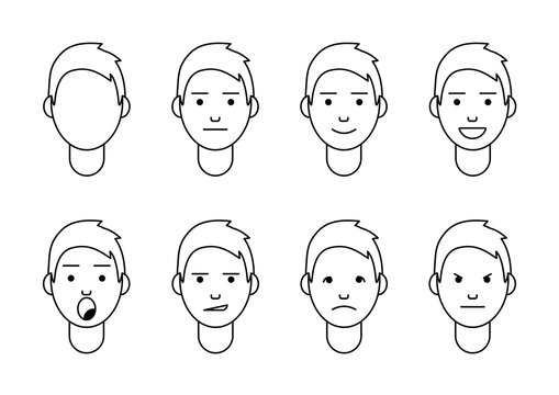 A set of emotions. 8 types of male faces. Different moods vector images. Isolated on white background.