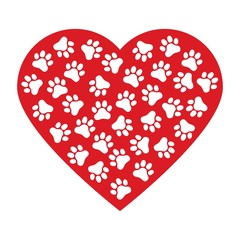 Dog paw print made of red heart vector illustration background