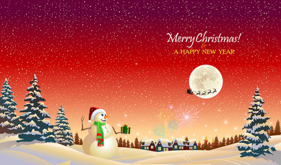 Fototapeta premium Snow man waving goodbye to Santa Claus 