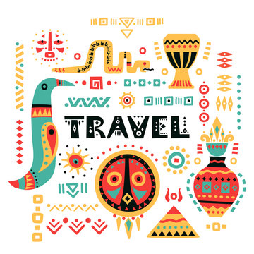 Vector tourist poster with hand-drawn african symbols and lettering "Travel".