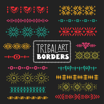 Vector collection of dividers, borders decorated with tribal colored patterns.