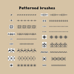 Collection of patterned brushes, decorated with scandinavian folk ornaments, seamless on both sides