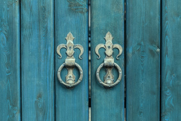 wooden gate with iron handles, architecture, object.