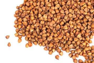 Buckwheat grain isolated on white background, healthy wood