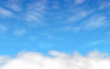 Blue sky background with white clouds. Abstraction group of clouds on clear blue sky on sunny day. 3D illustration