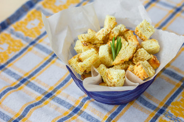 a plate of croutons