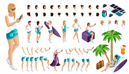 Isometric Set for creating your character, a large set of gestures of hands and feet of a girl 3D teenager, rest, a girl in jeans and a vest, in a swimsuit