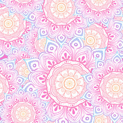 Seamless multicolor pattern with oriental mandalas. Hippie mandala pattern. Kaleidoscope elements. Fabric, wallpaper or wrap print