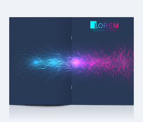Modern vector template for brochure, leaflet, flyer, cover, banner, catalog, magazine, or annual report in A4 size. DNA helix, DNA strand, molecule or atom, neurons. Wave flow. Lines plexus