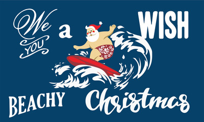 Holiday illustration Santa Claus standing on the beach surfing cheerful cartoon, tropical Christmas and New Year, seaside entertainment
