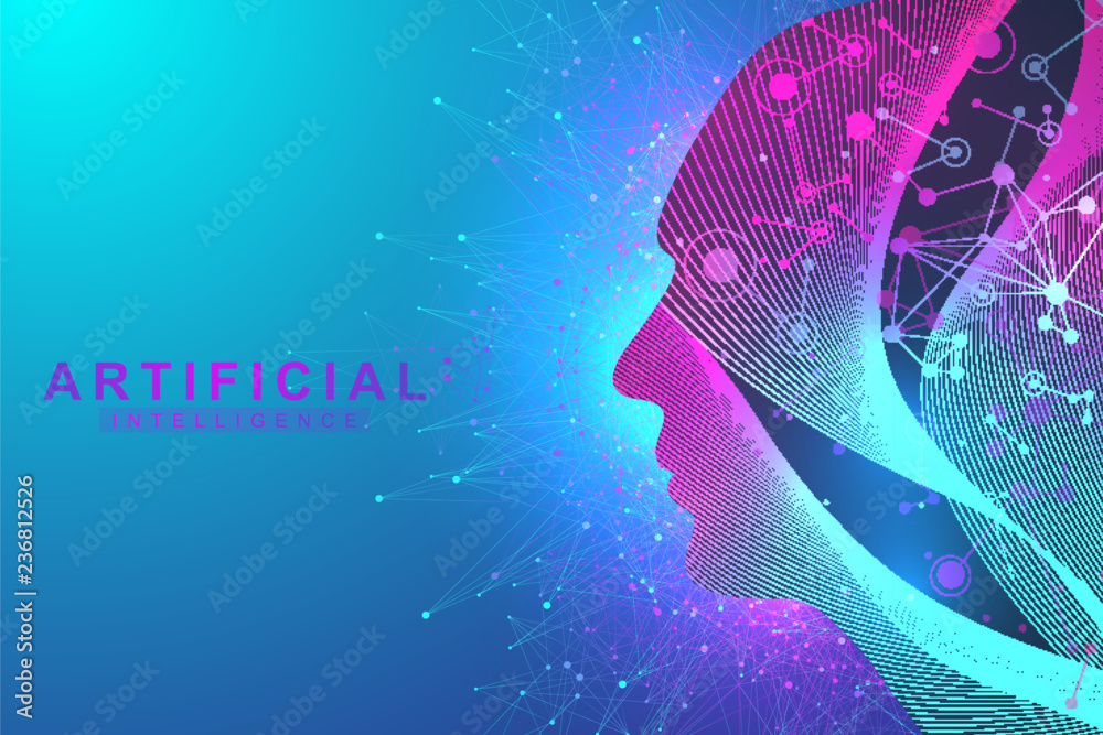 Aufkleber Futuristic Artificial Intelligence and Machine Learning Concept.. Human Big Data Visualization. Wave Flow Communication, Scientific vector illustration