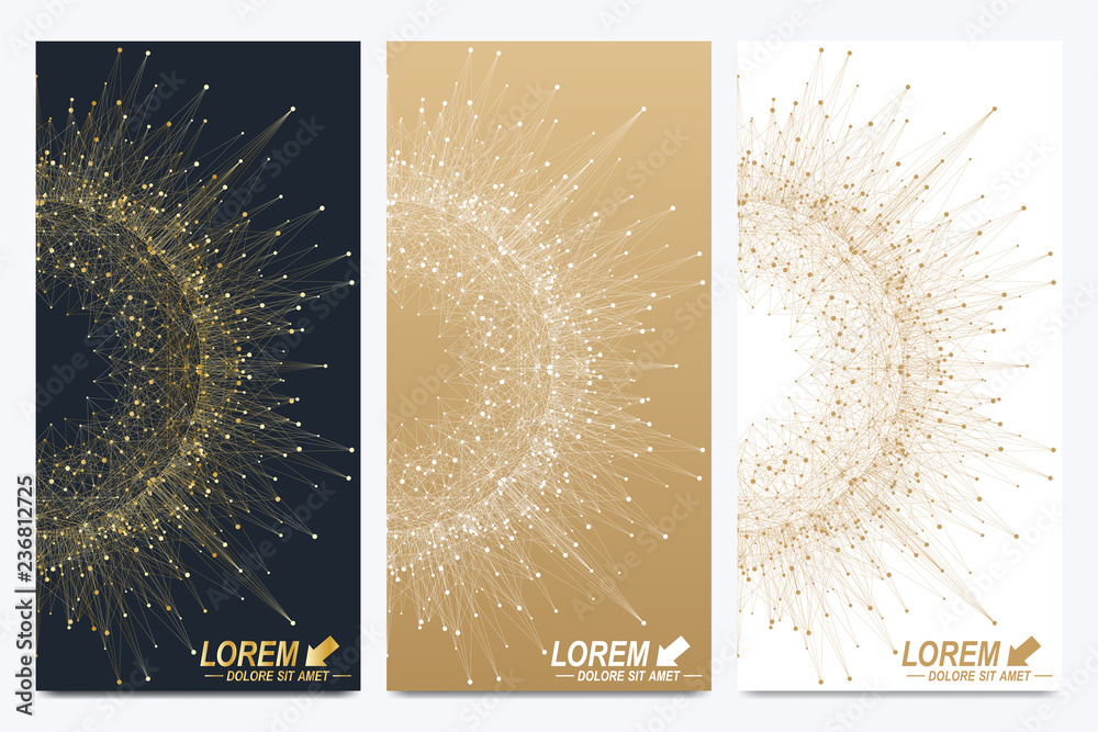 Poster modern set of vector flyers. geometric abstract presentation with golden mandala. molecule and commu
