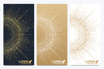 Modern set of vector flyers. Geometric abstract presentation with golden mandala. Molecule and communication background for medicine, science, technology, chemistry