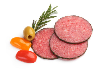 Smoked Salami Slices with herbs, isolated on a white background. Close-up