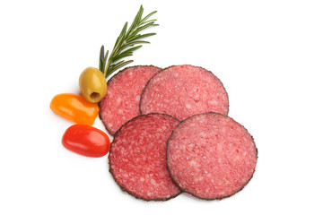 Thin Salami Slices with herbs, isolated on a white background. Top view