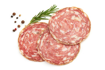 Salami Traditional Smoked slices with herbs and spices, isolated on a white background. Top view