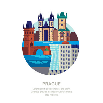 Travel to Czech Republic vector flat illustration. Prague city symbols and touristic landmarks. City building icons