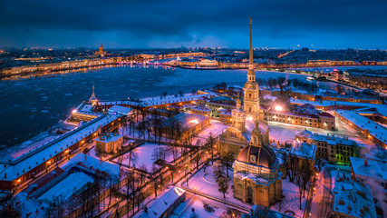 Saint Petersburg. Panorama of St. Petersburg. Peter-Pavel's Fortress. Petersburg in the winter. Russia. Russian cities in winter. Streets of Petersburg. Neva River. Ice floats on the Palace Bridge.