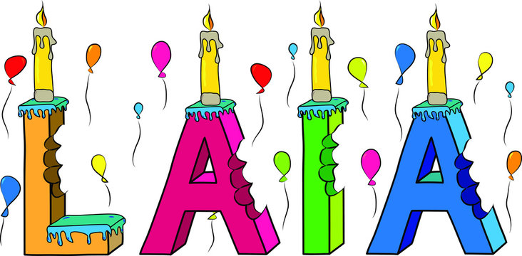Laia female first name bitten colorful 3d lettering birthday cake with candles and balloons