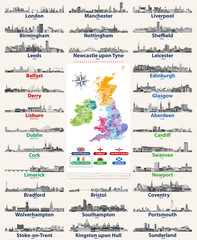 British Isles countries cities skylines in black and white color palette. Flags and high detailed vector map of British countries. Vector collection