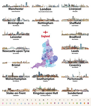 England largest cities skylines. Map and flag of England. Vector set