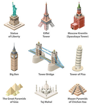 Famous world landmarks vector isometric high detailed illustrations