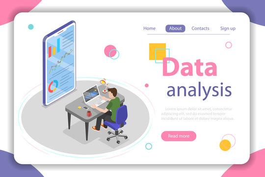 Flat isometric vector concept of business statistics and analytics, audit report, company performance analysis.