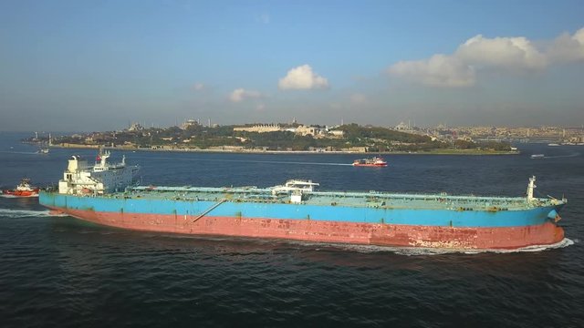 Aerial Crude oil tanker cruising into the Bosphorus Sea. 274 mt long Tanker Ship. Istanbul Strait, the world's narrowest strait used for international navigation