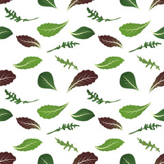 Fototapeta premium Mix of salad leaves. Arugula, spinach, lettuce leaf, watercress and radicchio. Seamless pattern. Vector illustration.