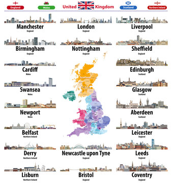 United Kingdom cities skylines vector illustrations. High detailed map of United Kingdom with countries and regions borders