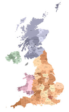 Fototapeta United Kingdom administrative districts vector high detailed map colored by regions and counties