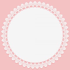 Round white napkin with lace on edge on pink background. Slhouette is suitable for laser cutting