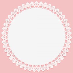 Round white napkin with lace on edge on pink background. Slhouette is suitable for laser cutting