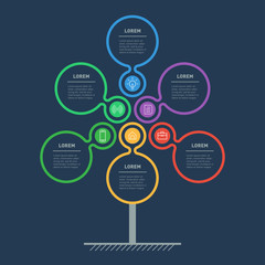 Business presentation or infographics concept with 6 points. Web Template of tree, info chart or diagram. Info graphic of technology or education process with 6 steps. Vector.
